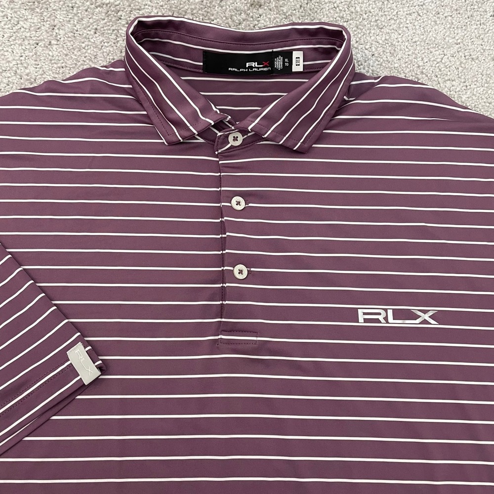 RLX Ralph Lauren Shirt Mens XL Polo Purple Striped Short Sleeve Button Golf